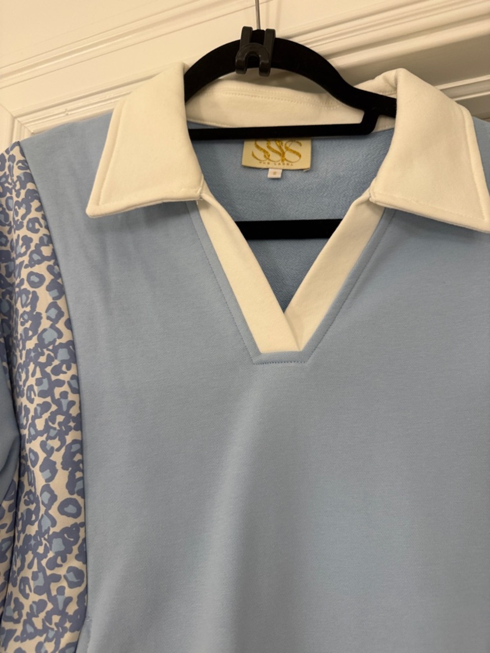 Light Blue Collared Pullover with Leopard Panel - Picture 2 of 5